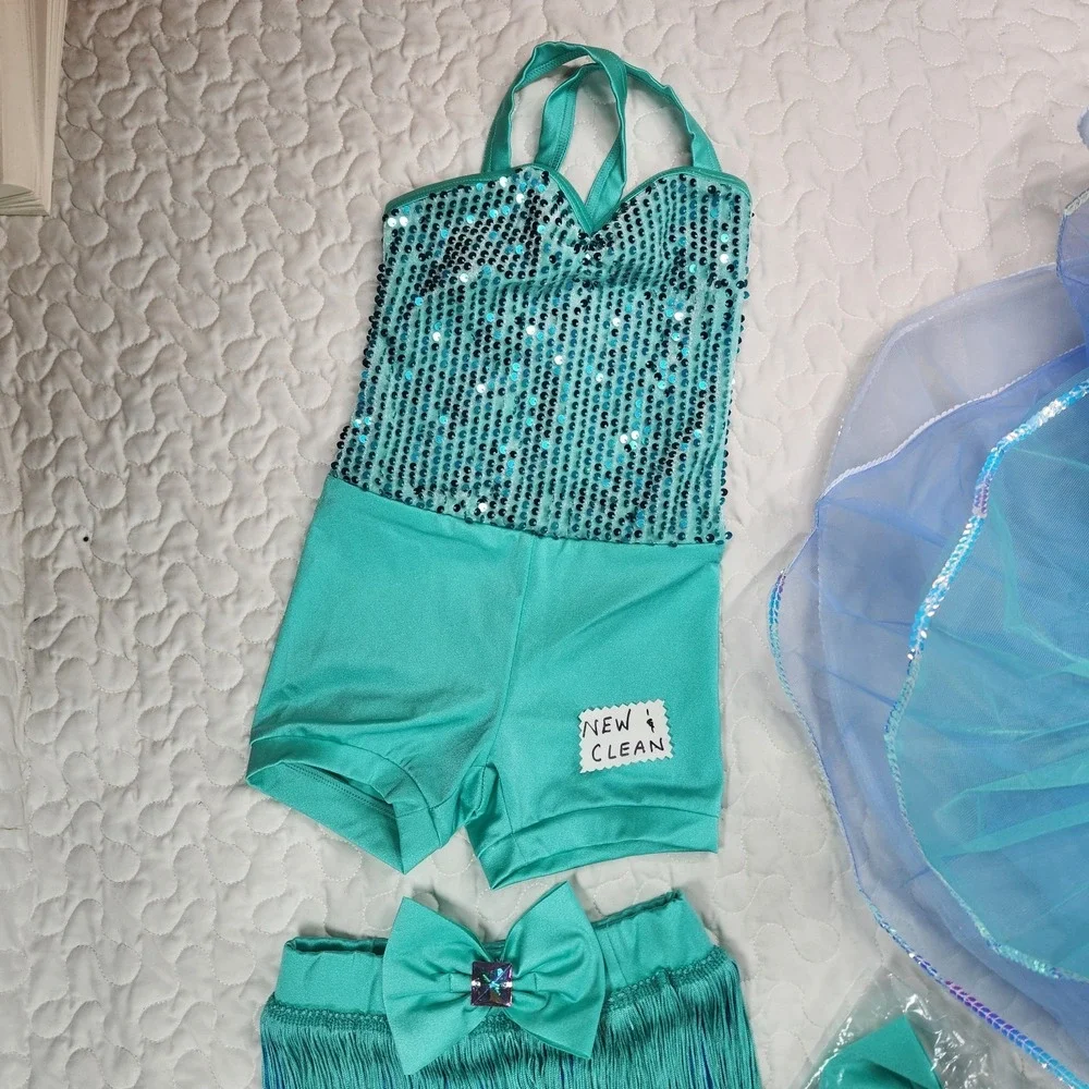 XSC Girls Weissman Dance Costume SET Teal Blue Fringe Tutu Leotard NEW $90